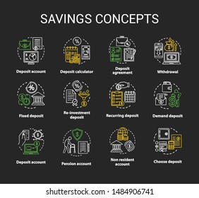Savings concept chalk concept icons set. Different banking systems, deposit account variety idea. Passive income, payoff from savings account.Vector isolated chalkboard illustration