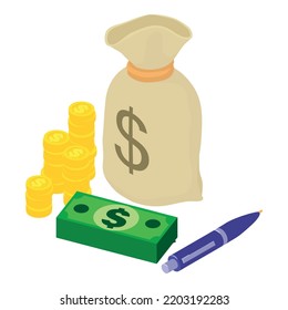 Icono de concepto de ahorro vector isométrico. Dinero en efectivo, bolsa de dinero y bolígrafo. Contabilidad de ingresos y gastos
