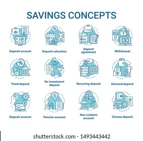 Savings concept icons set. Different banking systems, deposit account variety idea thin line illustrations. Passive income from savings account. Vector isolated outline drawings. Editable stroke