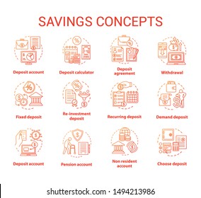 Savings concept icons set. Different banking systems, deposit account variety idea thin line illustrations. Passive income from savings account. Vector isolated outline drawings