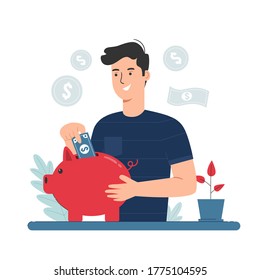 Savings concept. Man putting dollar money into piggy bank