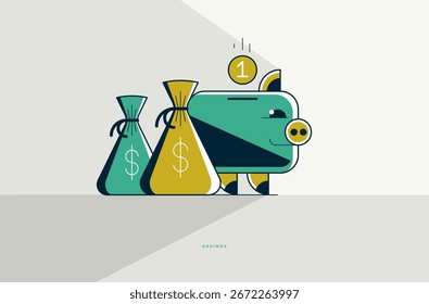 Afiche de concepto de ahorro, ilustración de estilo de ícono de Vector Guardar de una hucha con bolsa de dinero, caja de ahorros para el hogar, economizar y metáfora, bolsa de dinero con hucha.
