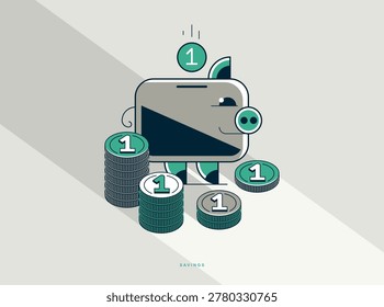 Savings concept poster, vector icon style illustration of a piggy bank with coins, home moneybox savings, economize and save metaphor, piggybank. 