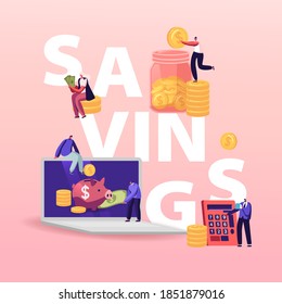 Savings Concept. Tiny Characters with Huge Piggy Bank, Calculator and Golden Coins Collect Money, Bank Deposit, Family Finance Budget economy Poster Banner Flyer. Cartoon People Vector Illustration