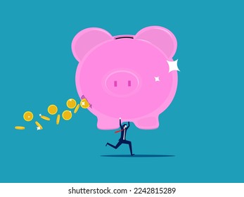 Savings decrease the value of money. Businessman holding a big piggy bank that lost money