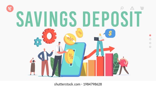 Savings Deposit Landing Page Template. Tiny Characters Put Gold Coins into Huge Smartphone Screen Making Online Financial Investment in Mobile Account, Piggy Bank. Cartoon People Vector Illustration