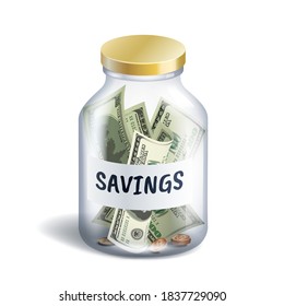 Savings in dollar money in glass jar realistic isolated on white background. Save money for future or investment concept. 3d rendering vector illustration