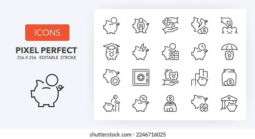 Savings and financial concepts. Thin line icon set. Outline symbol collection. Editable vector stroke. 256x256 Pixel Perfect scalable to 128px, 64px...