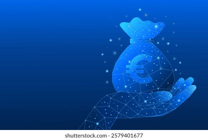 Savings or financial gains concept in Euros. 3D man hands holding a bag of Euros in low poly style. Finance vector illustration on blue technology background.