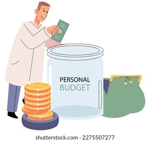 Savings, financial investment economic literacy. Personal fund budget, income and corporate growth. Bank deposit concept. Person putting money in glass jar. Man holding golden coin and dollar bill