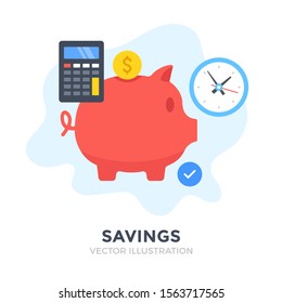 Savings. Flat design. Piggy bank, investment, deposit box, bank account, investing concepts. Vector illustration