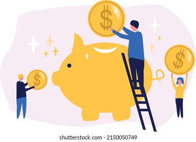 Savings. Flat modern illustration. A piggy bank in the form of a pig and people putting money, gold coins into it. The concept of investing, saving the budget. Finance, business, budget.