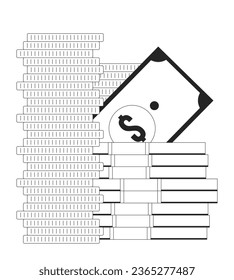 Savings flat monochrome isolated vector object. Golden coins and cash. Finance. Money accumulation. Editable black and white line art drawing. Simple outline spot illustration for web graphic design