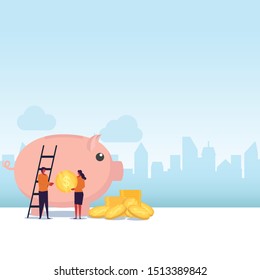 Savings flat vector concept couple take coins and put on giant piggy bank. Illustration For Wallpaper, Banner, Background, Infographic, Book Illustration, And Web Landing Page.
