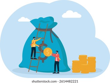 Savings flat vector concept couple take coins and put on giant piggy bank. Illustration For Wallpaper, Banner, Background, Infographic, Book Illustration, And Web Landing Page.

