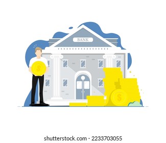Savings for the future concept, Human holding coin with bank, Digital marketing illustration.