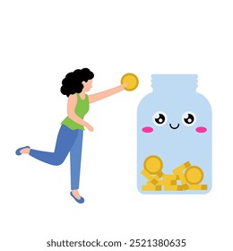 Ahorro. La chica pone una moneda en el frasco. Tarro con monedas. Simple Ilustración vectorial plana.