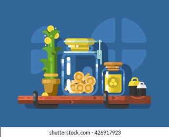 Savings and glass jar with coins