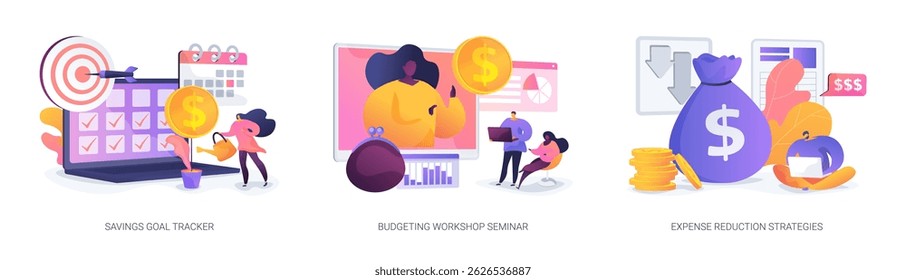 Metas de Poupança e Estratégias de Orçamento conceito abstrato vetor ilustração conjunto. Rastreador de meta de poupança, seminário de orçamento com dicas práticas, técnicas para reduzir despesas de forma inteligente metáfora abstrata.