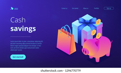 Savings in golden coins in a piggy bank, a shopping bag and a gift box. Cash savings, money spending control, save money motivation concept. Isometric 3D website app landing web page template