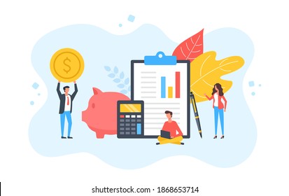 Savings. Group of people and piggy bank, clipboard with financial document, gold coin. Happy people. Investing, finance, economy, loan, budget planning concept. Modern flat design. Vector illustration