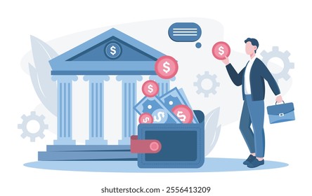 Savings growth finance. Man with coins and briefcase near bank building. Millionaire and businessman. Financial literacy and passive income. Flat vector illustration isolated on white background