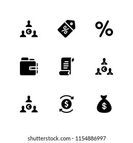 savings icon. 9 savings set with discount, dollar symbol, money bag with dollar symbol and bill vector icons for web and mobile app