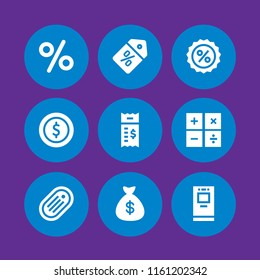 savings icon. 9 savings set with token, calculation, money bag with dollar symbol and coin vector icons for web and mobile app