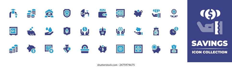 Savings icon collection. Duotone color. Vector illustration. Containing savewater, savetheworld, savenature, piggybank, wallet, personalwealth, money, safebox, mortgage.