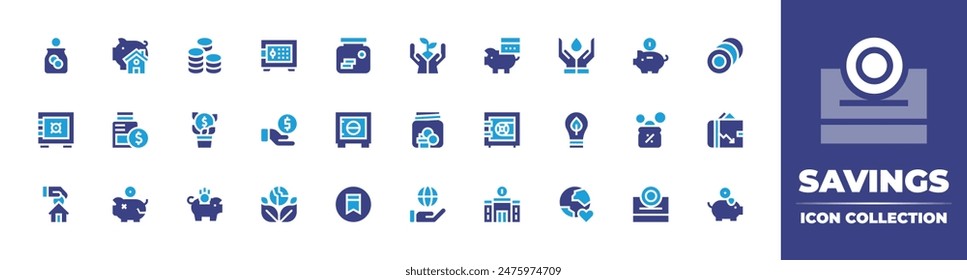 Savings icon collection. Duotone color. Vector illustration. Containing saving, saveenergy, savings, savewater, money, jar, piggybank, strongbox, safebox, donation, plant.