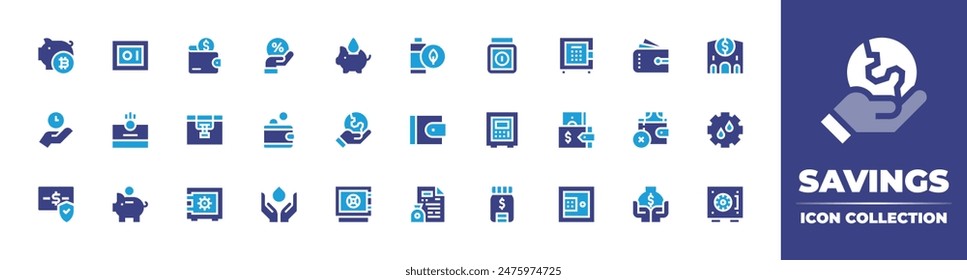 Savings icon collection. Duotone color. Vector illustration. Containing savemoney, savewater, savings, savetheplanet, time, wallet, battery, piggybank, securitybox.