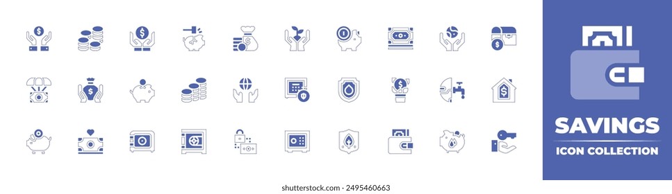 Savings icon collection. Duotone style line stroke and bold. Vector illustration. Containing savemoney, savetheworld, saving, savings, moneybag, fund, money, plant, strongbox, piggybank.