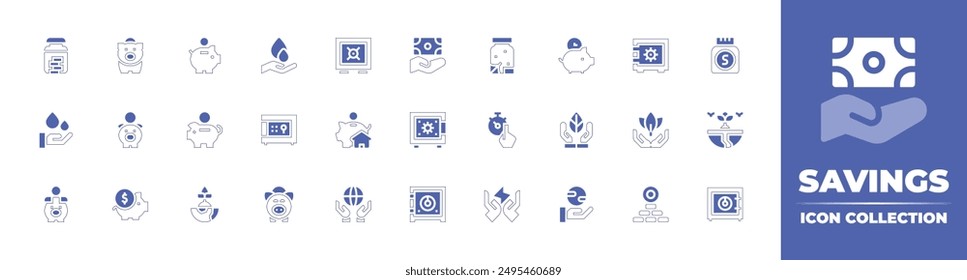 Savings icon collection. Duotone style line stroke and bold. Vector illustration. Containing savenature, savetheplanet, time, earth, safebox, energy, money, plants.