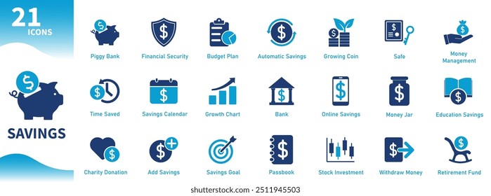 Savings icon. Collection of icons about finance, banking, piggy bank, money, retirement fund. Solid vector icons.