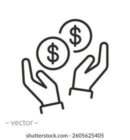 savings icon, save money, hands with dollar coins, thin line symbol on white background - editable stroke vector illustration
