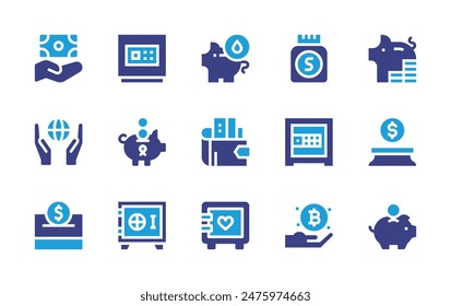 Savings icon set. Duotone color. Vector illustration. Containing savemoney, savetheworld, savings, savewater, saving, piggybank, bitcoin, wallet, safebox, strongbox.