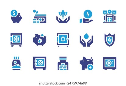 Savings icon set. Duotone color. Vector illustration. Containing savewater, savings, energysaving, energy, piggybank, safe, bank, safebox, strongbox, plants.