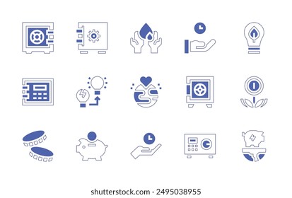 Savings icon set. Duotone style line stroke and bold. Vector illustration. Containing savetime, savings, energysaving, piggybank, world, growth, money, safebox, recycling, safetybox.