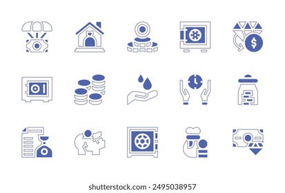 Savings icon set. Duotone style line stroke and bold. Vector illustration. Containing savetime, savewater, savings, piggybank, investment, money, safebox, rich, sack.