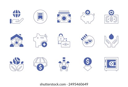 Savings icon set. Duotone style line stroke and bold. Vector illustration. Containing saveinstagram, savewater, save, savings, savemoney, piggybank, lowprice, safebox, money, dollarbills.