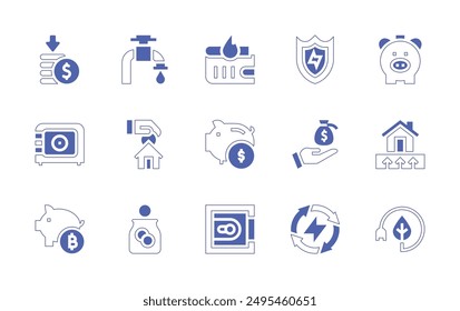 Savings icon set. Duotone style line stroke and bold. Vector illustration. Containing savemoney, save, energysaving, piggybank, wallet, geothermalenergy, safebox.