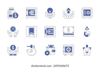 Savings icon set. Duotone style line stroke and bold. Vector illustration. Containing saveinstagram, savewater, savings, motherearthday, strongbox, safebox, money, lightbulb, time.