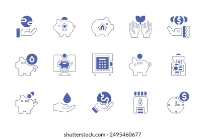 Savings icon set. Duotone style line stroke and bold. Vector illustration. Containing savemoney, savewater, savetheplanet, savings, money, piggybank, safebox, onlinebanking, ecologism.