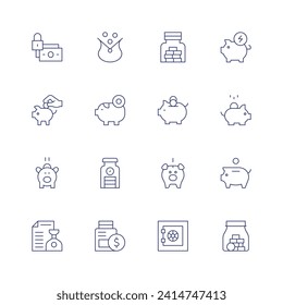 Savings icon set. Thin line icon. Editable stroke. Containing money, purse, businessandfinance, piggybank, savings, safebox, moneyjar.