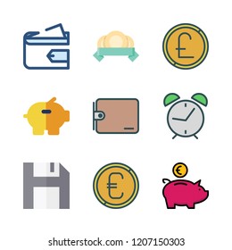 savings icon set. vector set about piggy bank, alarm clock id, coins and wallet icons set.
