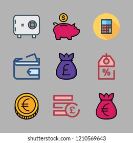 savings icon set. vector set about safebox id, calculating, pound sterling and discount icons set.