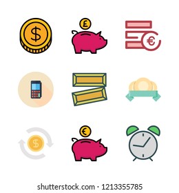 savings icon set. vector set about alarm clock id, piggy bank, atm and coin icons set.