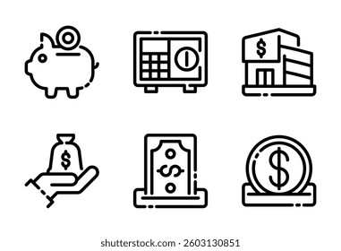 Savings icon set, vector, in line style for banking, finance, money, economy, business, etc