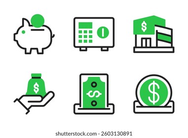 Savings icon set, vector, in outline color style for banking, finance, money, economy, business, etc.