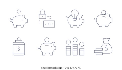 Savings icons. Editable stroke. Containing piggybank, savings, saveenergy, moneybag.